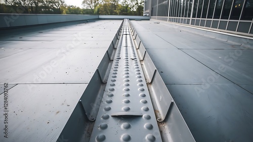 Concrete rooftop parking area shows expansion joint. Rubber strip with stainless steel cover forms gap between concrete slabs. Construction design details visible. Modern infrastructure on building