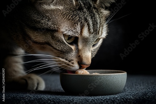 Cat licking a probiotic treat in a dark setting

