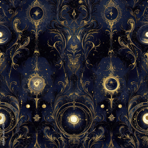 Cosmic baroque pattern; gold, dark blue, celestial motif; design, wallpaper . seamless pattern. repeating pattern.