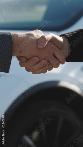 Vertical Format Video of Male hand gives a car keys to male hand in the car dealership. auto seller and a man who bought a vehicle shake hands. Dealer giving key to new owner in auto show or salon