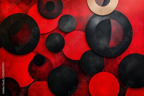 Abstract Red and Black Circular Patterns on a Textured Surface in a Modern De...