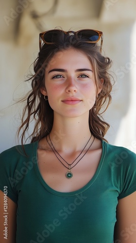 Young Woman in Green Blouse Enjoying Nature on a Sunny Day With Mountains in ...