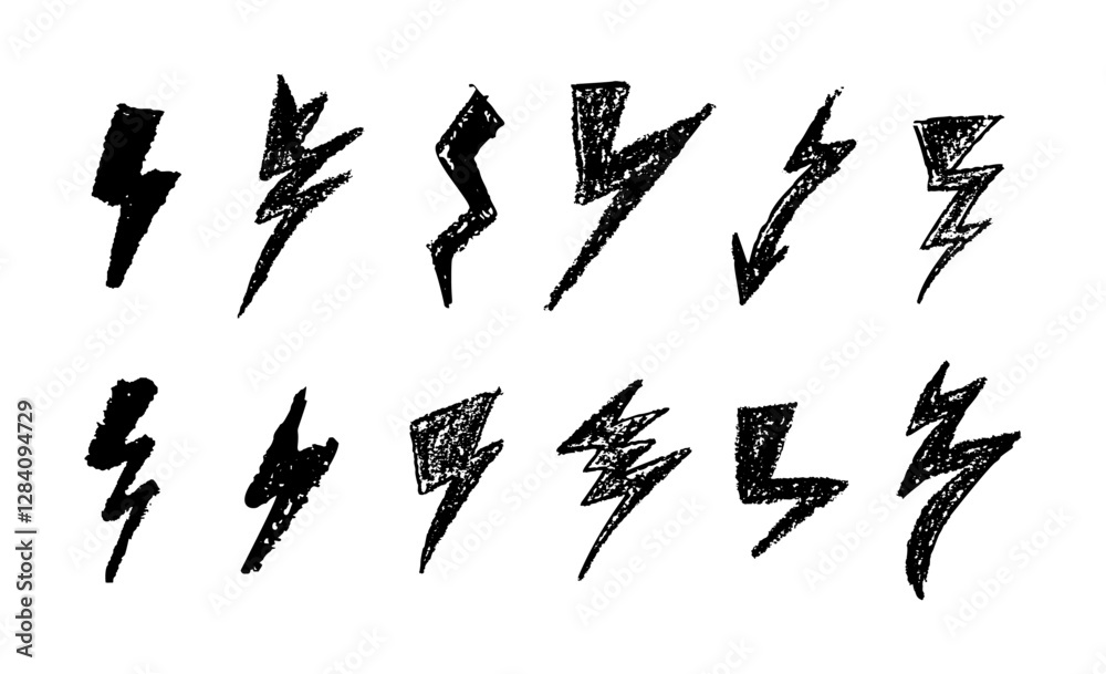 Set of lightning by wax pen drawing. Collection of handdrawing chalk , light flash signs, Doodle thunder bolts, black color design elements. Graffiti style weather symbols. Vector illustration Set of lightning by wax pen drawing. Collection of handdrawing chalk , light flash signs, Doodle thunder bolts, black color design elements. Graffiti style weather symbols. Vector illustration