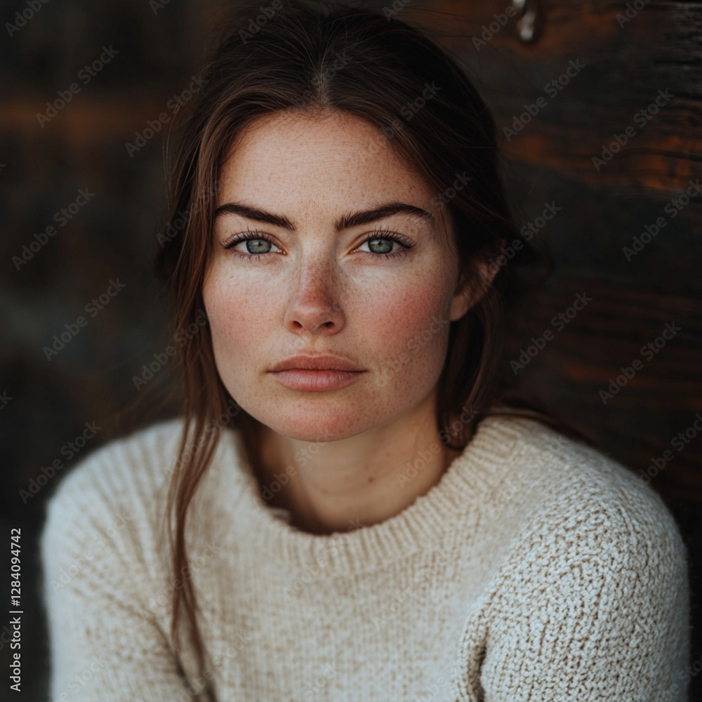 a candid-photo of a 40 year old woman looking at the camera with a straight face and a slight hint of sadness in her eyes, she is in a cream sweater a candid-photo of a 40 year old woman looking at the camera with a straight face and a slight hint of sadness in her eyes, she is in a cream sweater