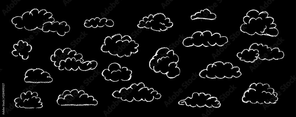 Set of abstract pencil clouds. Hand drawn cartoon cloudy sky. Vector illustration of collection of white eddy on black background. Imitation of a child's drawing with pencils on blackboard
