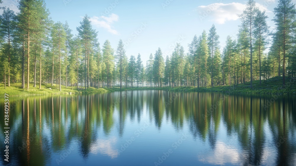 Fototapeta premium Serene forest lake reflecting trees and sky.