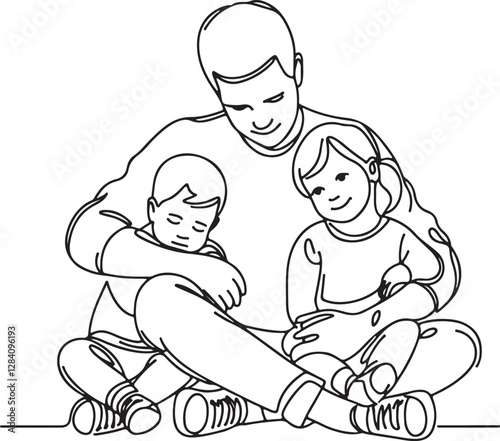 Heartwarming Line Drawing of Dad Hugging Children