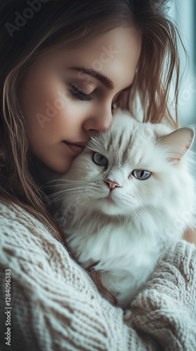 Warm Embrace Between a Woman and Her Fluffy Cat in a Winter Setting