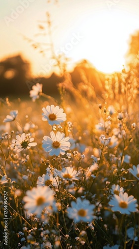 Sunset View Over a Field of Daisies With Warm Golden Light Illuminating the B...