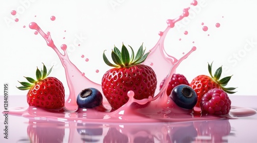 Dynamic high-speed splash of ripe red strawberries, raspberries, and blueberries, beautifully captured in a dreamy pink milk swirl.