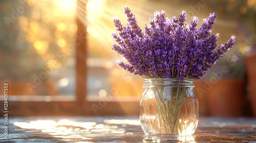 Lavender bouquet in glass jar sunlit interior still life warm atmosphere close-up view nature's beauty