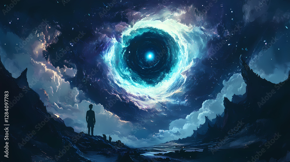 Fototapeta premium Man gazing at a large eye in the sky while a dark anime scientist opens a rift to another dimension in a surreal and imaginative scene. Dark Portal Between Dimensions. Illustration