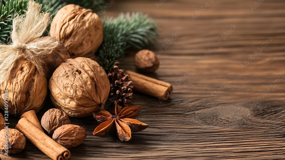 Natural still life composition of nuts and spices arranged beautifully on a wooden table : Generative AI Natural still life composition of nuts and spices arranged beautifully on a wooden table : Generative AI