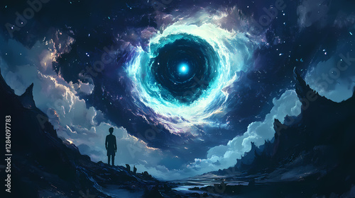 Man gazing at a large eye in the sky while a dark anime scientist opens a rift to another dimension in a surreal and imaginative scene. Dark Portal Between Dimensions. Illustration