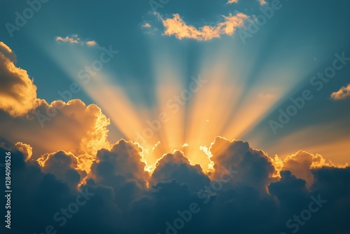 Beautiful Sunset With Rays of Sunlight Emerging Through the Clouds Over a Ser...