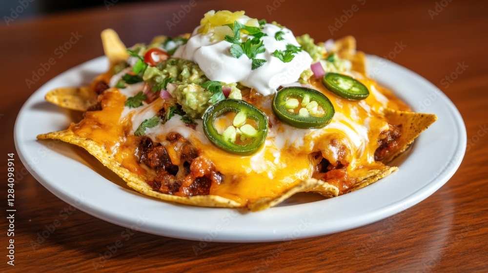 Delicious nachos topped with cheese, guacamole, and fresh ingredients Delicious nachos topped with cheese, guacamole, and fresh ingredients