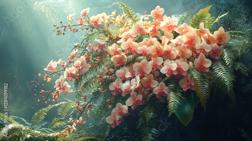 Blooming orchids and ferns in a serene forest setting nature photography peaceful environment vibrant colors