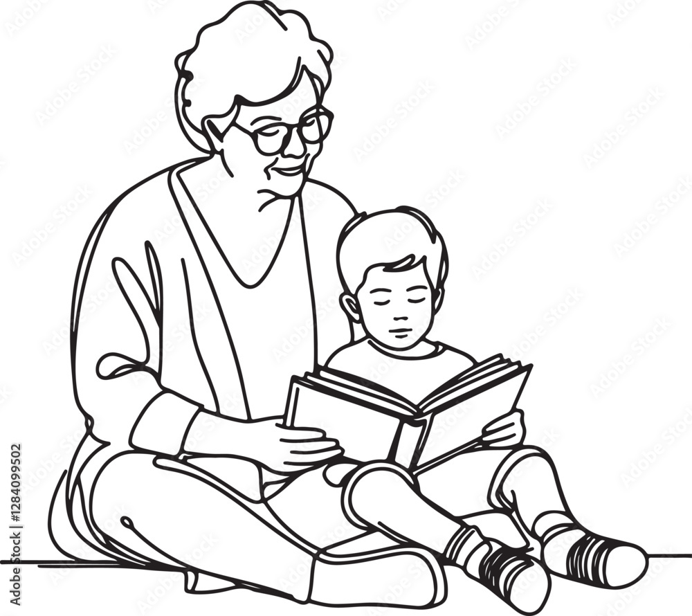 Grandmother and Grandson Storytime Captured in Line Art Grandmother and Grandson Storytime Captured in Line Art