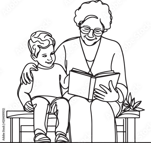 Grandmother and Grandson Storytime Captured in Line Art