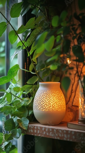Sunlight Filtering Through Leaves Illuminating a Vase on a Wooden Shelf in a ...