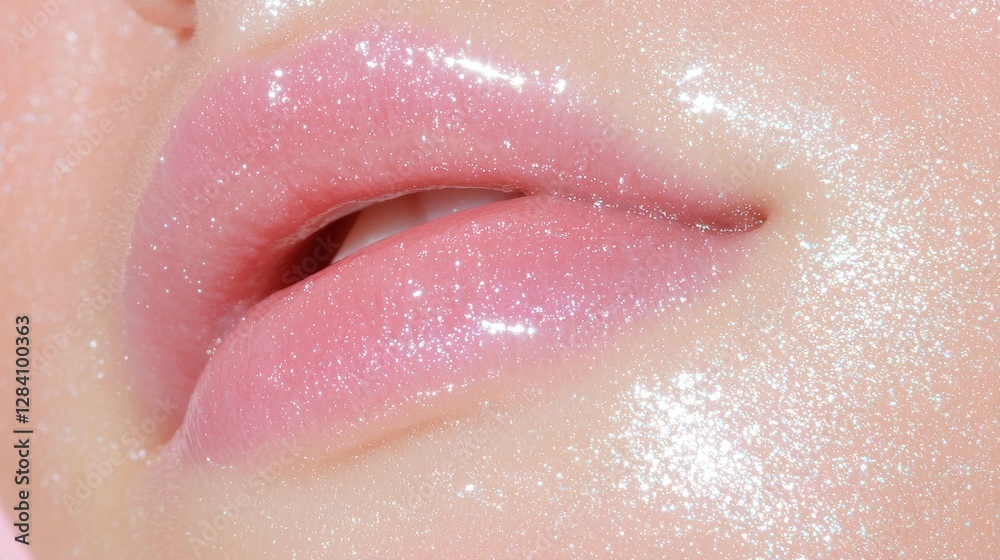 Fototapeta premium Close-up of a woman's lips wearing shiny pink glittery lip gloss under bright studio lighting.