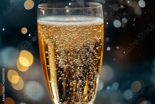 Bubbles Rising in a Glass of Sparkling Drink During a Celebration at Night