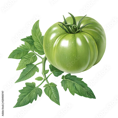 Fresh green tomato with leaves  vegetable growth gardening PNG file download
