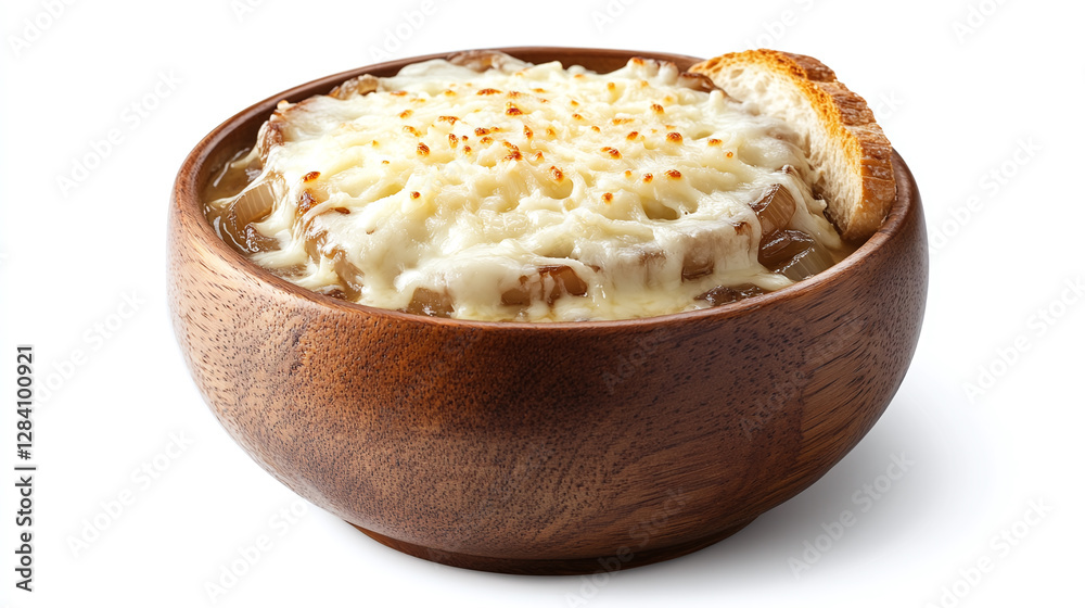 Wooden bowl with french onion soup topped with melted cheese and a toasted baguette isolated on white background. Wooden bowl with french onion soup topped with melted cheese and a toasted baguette isolated on white background.