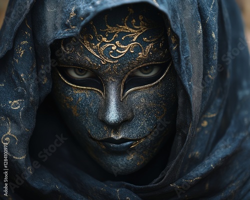 A hauntingly beautiful mask half-hidden by a dark velvet cloak, classic Venice Carnival vibes  photo