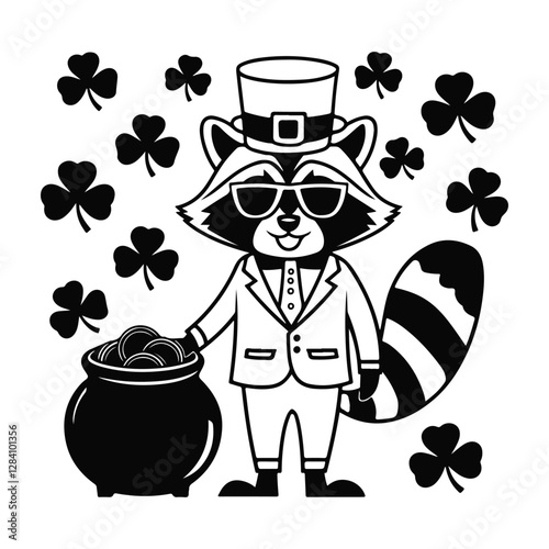 Black and White St. Patrick's Day Raccoon: Lucky and Suave with Shamrock Button and Stylish Sunglasses