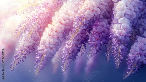 Delicate purple wisteria blooms serene garden nature photography soft lighting close-up view tranquility