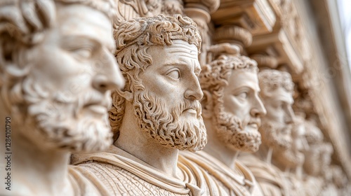 A detailed view of ancient Roman statues, showcasing expressive faces and intricate hairstyles.