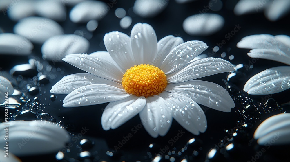 Fototapeta premium Close-up view of dewy white daisy flower on black background nature photography freshness and beauty