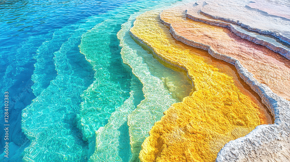 Obraz premium Explore the vibrant limestone pools of Huanglong, China, showcasing surreal blue-green hues and mineral-rich terraces that reflect nature’s beauty
