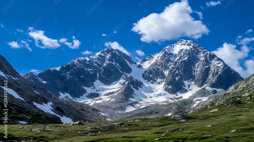 Majestic snow capped mountains under a bright blue sky surrounded by lush green valleys : Generative AI Majestic snow capped mountains under a bright blue sky surrounded by lush green valleys : Generative AI