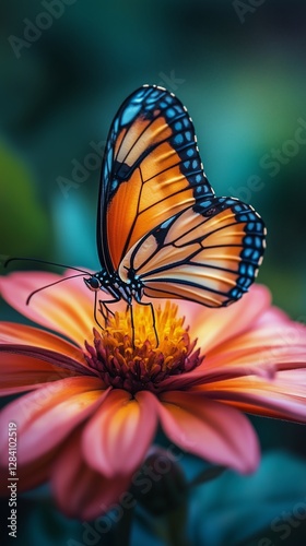 Colorful Butterfly Perched on a Vibrant Flower in a Serene Garden During Dayl...