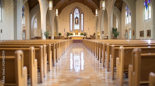 Interior view of a beautiful church showing elegant wooden benches and vibrant stained glass windows : Generative AI