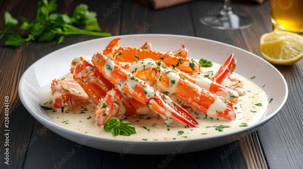 Creamy Garlic Sauce Seafood Dish with Fresh Crab on Elegant Plate Creamy Garlic Sauce Seafood Dish with Fresh Crab on Elegant Plate