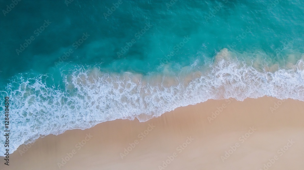 Aerial view of pristine turquoise waves gently lapping against a serene sandy beach during bright daylight : Generative AI Aerial view of pristine turquoise waves gently lapping against a serene sandy beach during bright daylight : Generative AI