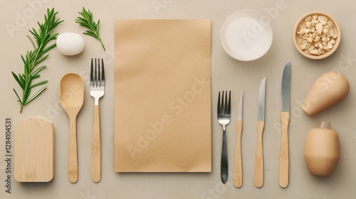 Biodegradable organic style. Table setting with utensils, herbs, and a blank paper for recipes.