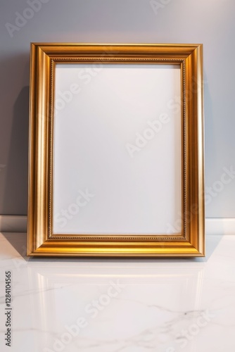 Elegant gold picture frame standing vertically on a bright marble floor against a simple gray wall.
