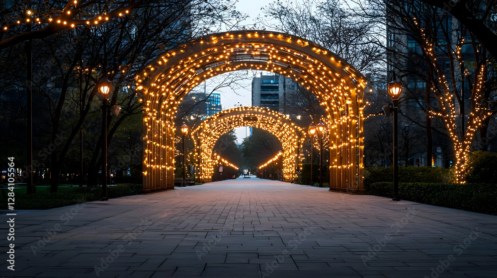 Obraz premium Illuminated Archway Pathway with String Lights in a City Park at Twilight