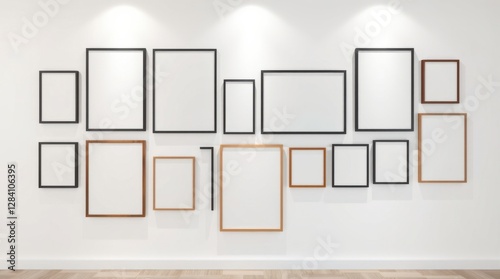 Gallery wall with assorted frames, varying sizes, blank canvases against white wall, hardwood flooring.