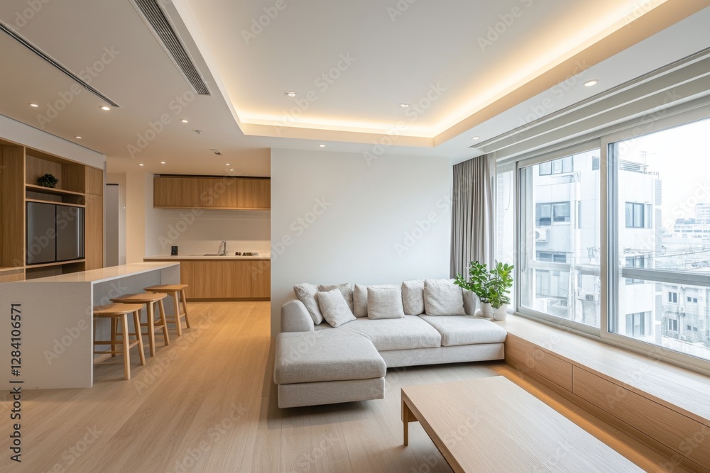 Fototapeta premium Modern apartment living room city view design