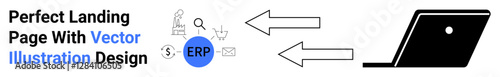 Laptop with arrows indicating data flow, ERP icon, magnifying glass, shopping cart, and statistical chart elements. Ideal for business operations, digital tools, data exchange, analysis planning