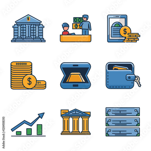 vector colorful economy trading graph cash money linked with curved dash line over the world bank 

