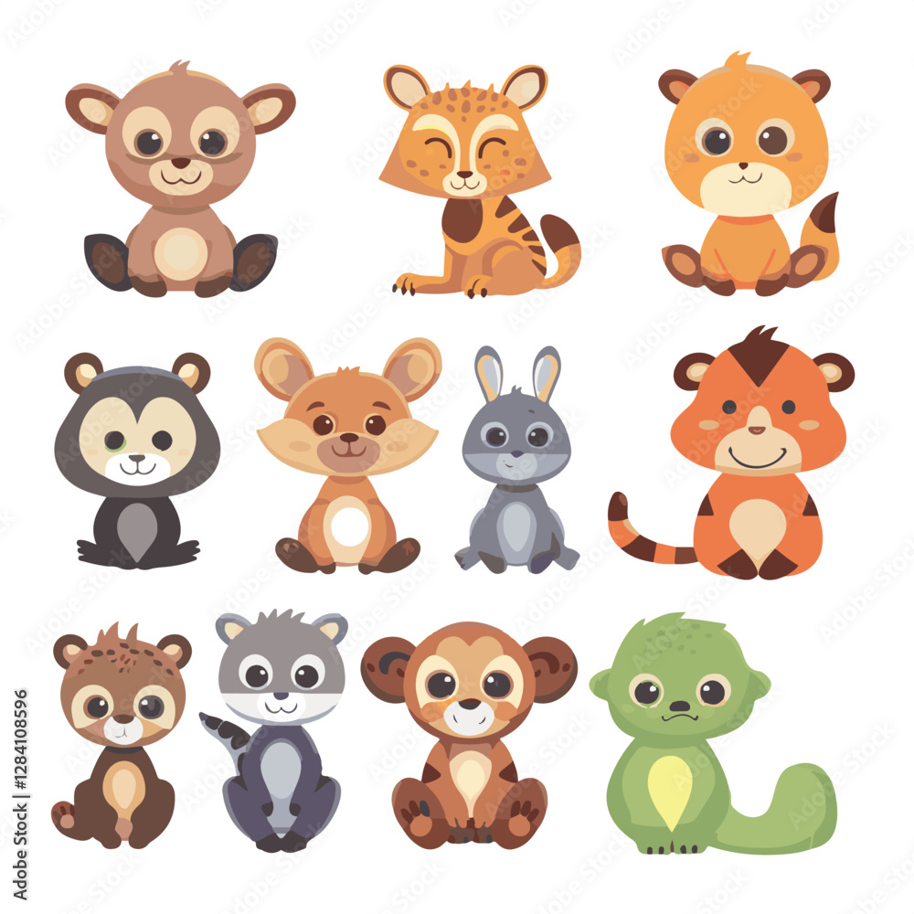 character, animal, cute, vector, cartoon, illustration, happy, design, baby, graphic, set, funny, adorable, zoo, art, collection, giraffe, isolated, background, child, lion, bear, children, wild, fun,