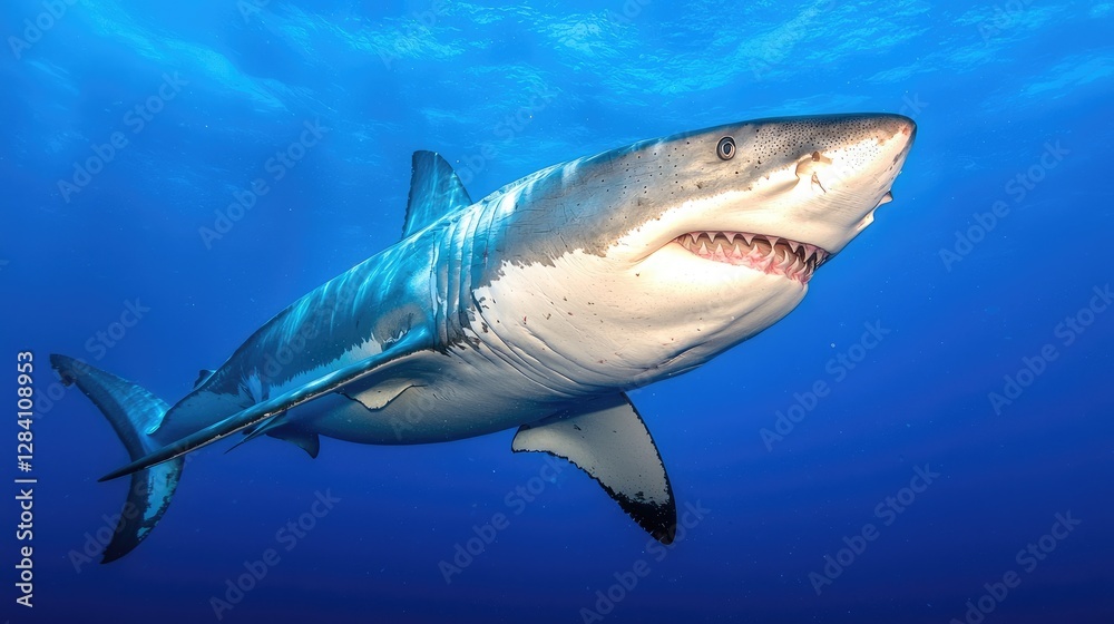 Fototapeta premium Great white shark in the deep blue ocean, powerful predator, marine wildlife, underwater shot