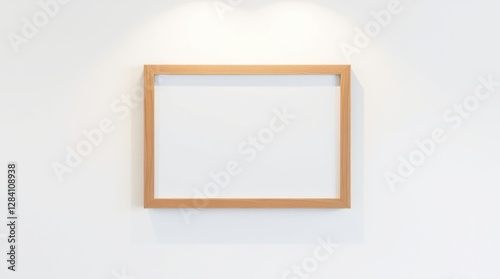 Framed artwork: Simple wooden frame with a white center hangs on a bright white wall under spotlights.