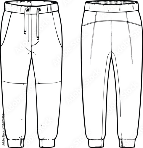 Flat activewear fashion unisex trouser joggers jeans cargo pants apparel front and back views, CAD design, mock-up, template, vector, clothing, technical drawing, fashion, illustration, line art.
